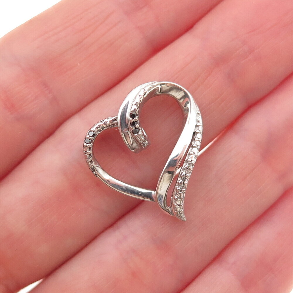 925 Sterling Silver Real Black & White Diamond Heart Mini Slide Charm Pendant
